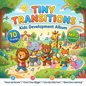 Pode incluir: Uma capa de álbum colorida para "Tiny Transitions: Kids Development Album" com animais de desenho animado tocando instrumentos. A capa inclui um arco-íris, uma escola e o texto "10 Tracks" e "MP3 Download". Os títulos das músicas estão listados na parte inferior.