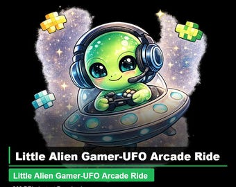Può includere: Illustrazione di un alieno verde con cuffie e controller in un UFO. L'alieno ha grandi occhi blu e sorride. L'immagine include il testo "Little Alien Gamer-UFO Arcade Ride".