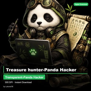 May include: Digital download image of a panda in a treasure hunter-hacker outfit. The panda wears goggles and a hooded jacket, working on a laptop with a glowing paw print. The image includes the text "Treasure hunter-Panda Hacker" and "Transparent-Panda Hacker".