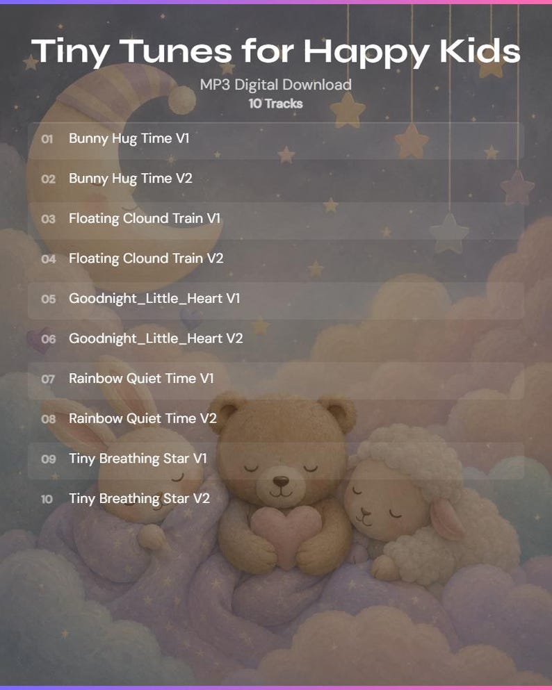 Pu&ograve; includere: Download digitale intitolato "Tiny Tunes for Happy Kids" con 10 tracce. L'immagine presenta un'illustrazione morbida e sognante di un orso che tiene un cuore rosa, un agnello e un coniglietto, tutti immersi tra le nuvole. Lo sfondo ha un tema di cielo notturno.