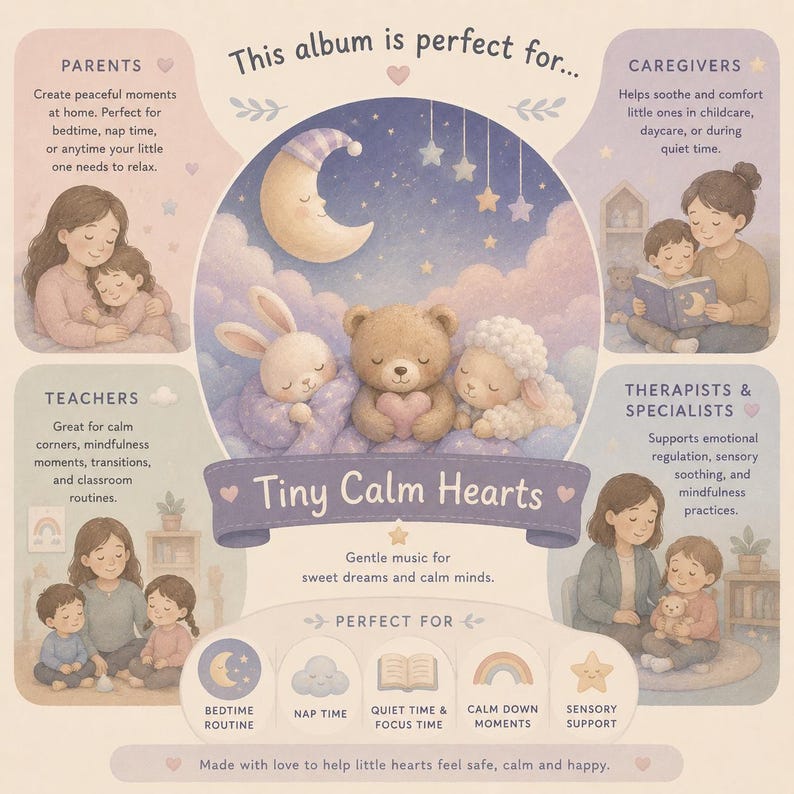Pu&ograve; includere: Una copertina di album illustrata con il titolo "Tiny Calm Hearts". L'immagine presenta una luna crescente, stelle e personaggi di animali di peluche. Il testo indica che l'album &egrave; perfetto per genitori, assistenti, insegnanti e specialisti.