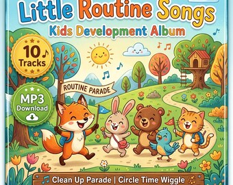 Può includere: Copertina colorata dell'album intitolata "Little Routine Songs Kids Development Album". L'immagine presenta un'illustrazione di una volpe, un coniglio, un orso, un gatto e un uccello su un sentiero. L'album include 10 tracce e un download MP3.