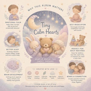Pu&ograve; includere: Infografica illustrata per un album di musica per bambini intitolato "Tiny Calm Hearts". L'immagine presenta una luna crescente, stelle e adorabili personaggi di animali. Il testo evidenzia benefici come la calma emotiva e un sonno migliore.