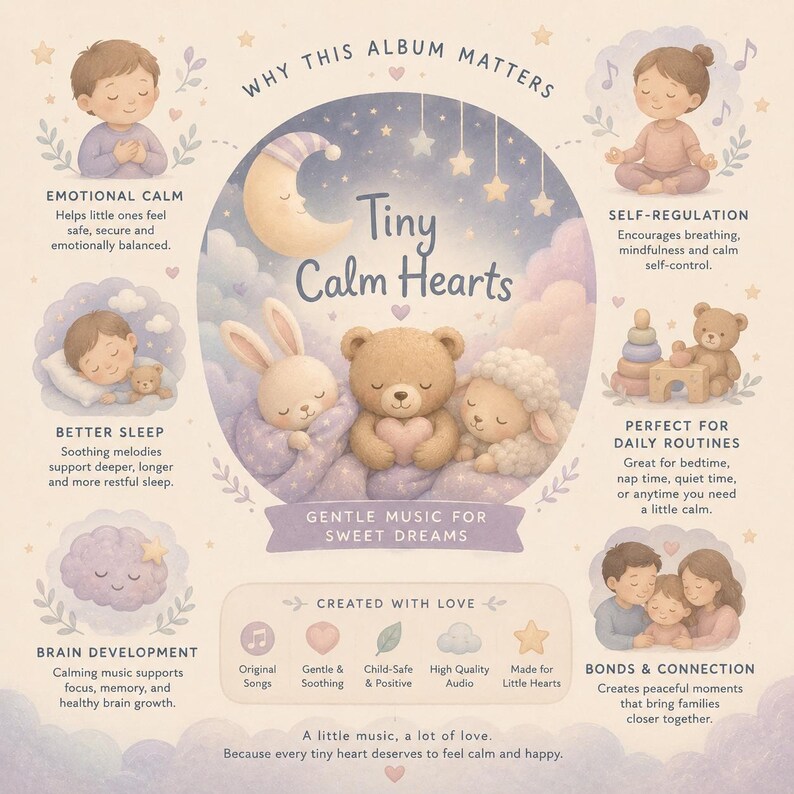 Pu&ograve; includere: Infografica illustrata per un album di musica per bambini intitolato "Tiny Calm Hearts". L'immagine presenta una luna crescente, stelle e adorabili personaggi di animali. Il testo evidenzia benefici come la calma emotiva e un sonno migliore.