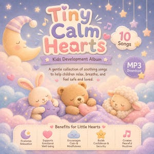 Pu&ograve; includere: Una copertina di un album per bambini intitolata "Tiny Calm Hearts" con un design stravagante. Presenta una luna crescente, stelle, nuvole e personaggi di animali che dormono. L'album promette 10 canzoni e download MP3, promuovendo il relax e il benessere emotivo.