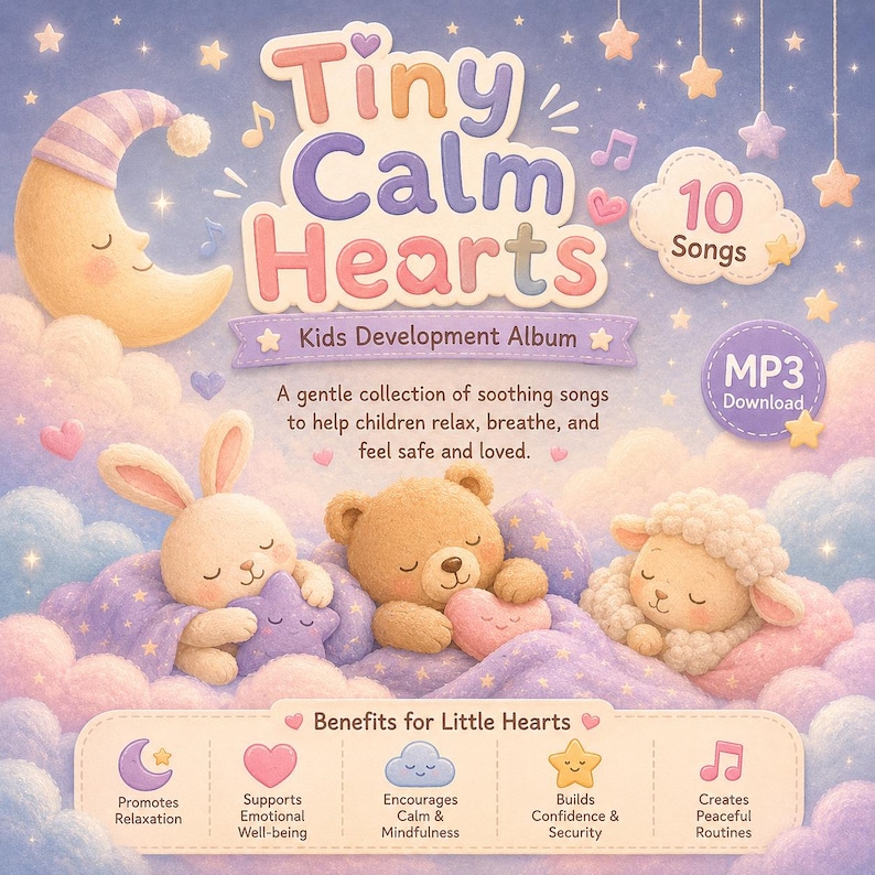Pu&ograve; includere: Una copertina di un album per bambini intitolata "Tiny Calm Hearts" con un design stravagante. Presenta una luna crescente, stelle, nuvole e personaggi di animali che dormono. L'album promette 10 canzoni e download MP3, promuovendo il relax e il benessere emotivo.
