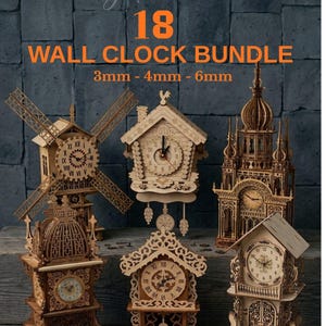 18 träklockfiler SVG DXf, laserskuret väggklockpaket, 3D-lagers klockträdekor, gökurplan, Glowforge-fil, digital nedladdning