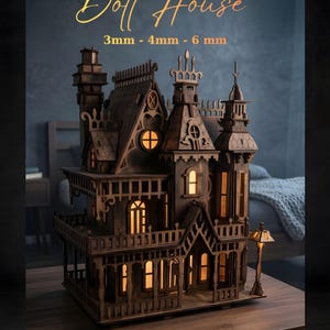 May include: A detailed wooden dollhouse with multiple stories, balconies, and turrets. The dollhouse has a warm, inviting glow from interior lighting. Text on the image reads "Doll House" and "DIGITAL FILE Instant Download."
