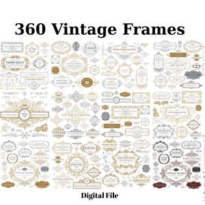 Könnte beinhalten: Eine Sammlung von 360 Vintage-Rahmen und dekorativen Etiketten in verschiedenen Formen und Größen, mit komplexen Linien, verzierten Rändern und Schnörkelmustern in Schwarz, Grau und Gold, inklusive Text 360 Vintage Frames und Digital File.