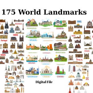 May include: A digital file featuring 175 world landmarks and colorful world maps. The collection includes various illustrated architectural structures from countries like Germany, Russia, Spain, and India, labeled with their respective nation names.