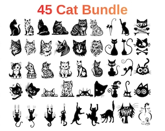 45 Cat SVG Bundle, Cat Clipart, Cute Cat Vector, Laser Cut Files, Cat Silhouettes, Cricut Files, Instant Download, Funny Cat Designs