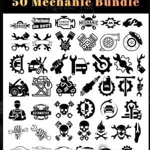 Puede incluir: Una colección digital de 50 iconos de mecánica en blanco y negro que incluyen llaves inglesas, engranajes, siluetas de coches, motores, calaveras y herramientas. El texto 50 Mechanic Bundle e INSTANT DOWNLOAD aparece en la imagen.