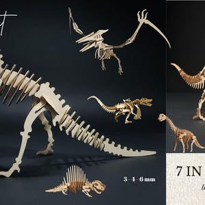7 laserskurna dinosaurieskelettfiler, CNC-ritningar av träpussel (digital nedladdning)