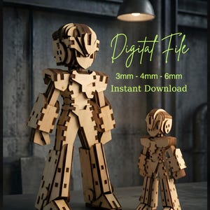 May include: Two wooden robot figures, a large and a small one, are displayed on a metal surface. The robots are made from interlocking wooden pieces. The image includes the text "Digital File" and "Instant Download".