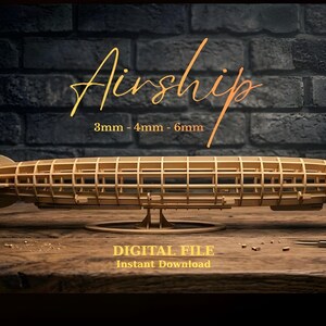 May include: A detailed wooden airship model, showcasing a lattice design, displayed on a stand. The image includes the word "Airship" in a decorative script, with size details. The backdrop is a dark brick wall.