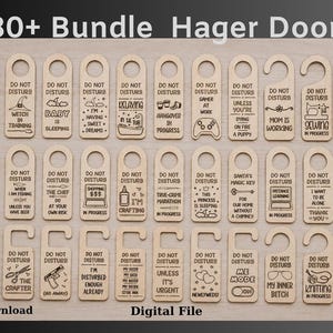May include: A collection of 30 light-colored wooden door hangers, each featuring a unique black graphic and text such as Do Not Disturb, Witch in Training, Gamer at Work, or Santa Please Stop Here, arranged in three rows for digital download.