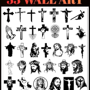 Può includere: Una collezione di 33 illustrazioni grafiche in bianco e nero con varie raffigurazioni di croci, Gesù e immagini religiose. Il testo 33 WALL ART si trova in alto e DIGITAL FILE Instant Download si trova in basso nell'immagine.