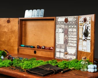 Pantalla de Dungeon Master personalizada para D&D, pantalla de madera para Dungeon Master con caja de almacenamiento, organizador de juegos de rol grabado, cajón para dados, regalo para el Game Master