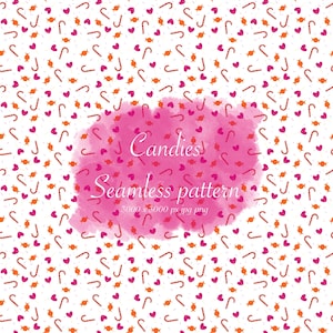 Op de afbeelding: Een naadloos patroon met zuurstokken, hartvormen en kleine snoepjes in oranje en roze op een witte achtergrond. De afbeelding bevat de tekst "Candies Seamless pattern".