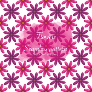 May include: A seamless pattern of stylized flowers in shades of pink and purple on a white background. The flowers are evenly spaced, creating a repeating floral design. The words "Flowers" and "Seamless pattern" are displayed in a pink watercolor-style background.