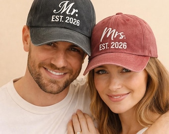 Custom Mr and Mrs Embroidered Hats, Personalised Bride and Groom Baseball Caps, Couple Honeymoon Hats, Just Married Gift, Vintage Style Hats