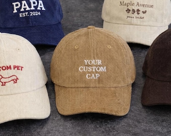 Geborduurde custom corduroy hoed, gepersonaliseerde baseballpet tekst/logo, corduroy herenmuts met monogram, vrijgezellenfeest cadeau, vaderdagcadeau