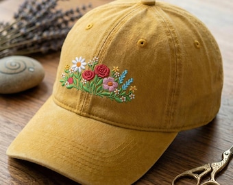 Floral Embroidered Baseball Cap, Womens Daisy Hat, Vintage Wildflowers Cottagecore Hat, Botanical Girls Hat, Aesthetic Birthday Gift for Her
