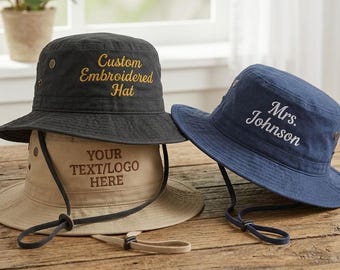 Personalised Text or Logo Bucket Hat, Custom Embroidered Hiking Dad Hat, Unisex Summer Camping Hat, Outdoor Lover Gift, Travel Bucket Hat