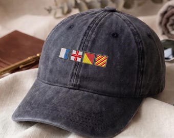 Custom Nautical Alphabet Hat, Embroidered Name in Flag Cap, Semaphore Flag Sailing Hat, Boat Crew Gift, Captain Dad Hat, Maritime Dad Hat