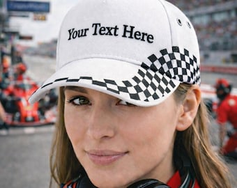 Custom Text Embroidered Grand Prix Hat, Personalised F1 Racing Cap, Pit Crew Family Hats, Unisex Motorsport Checkered Hat, Gift for Racers