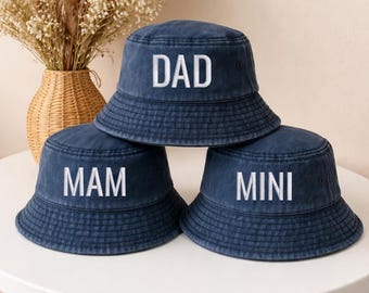 Personalised Family Matching Bucket Hats, Embroidered Mum Dad and Mini Hats, Custom Text Bucket Hats, Vintage Sunshade Hat, Fathers Day Gift