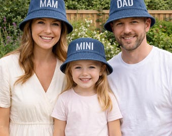 Chapéus de balde bordados personalizados para a família, chapéus de sol personalizados para mãe, pai e filho, chapéus combinando para toda a família, chapéus de balde vintage, presente de aniversário para crianças