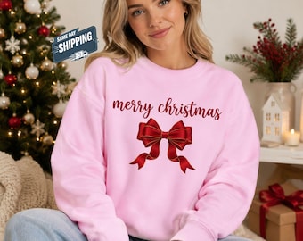 Merry Christmas Bow Sweatshirt, Red Satin Coquette Bow Christmas Sweater, Minimalist Script Holiday Crewneck, Trendy Xmas Gift for Christmas