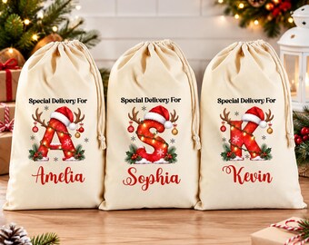 Personalised Santa Sack With Name and Initial, Christmas Gift Sack, Kids Xmas Present Bag, Custom Stocking Sack, Family Keepsake Xmas Bag