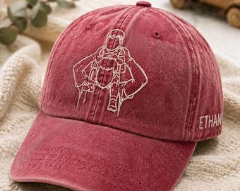 Personalised Dad Sketch Portrait Cap, Custom Embroidered Photo Outline Hat, Family Memory Vintage Baseball Hats, Father's Day Gift for Dad