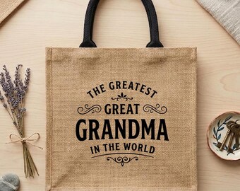 Great Grandma Jute Tote Bag, Greatest Great Grandma in the World Gift Bag, Personalized Burlap Tote, Christmas Gift for Great Grandmother