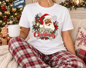 Black Santa Merry Christmas Shirt, Winking African American Santa Claus Tee, Vintage Lantern Candy Cane Xmas T-Shirt, Holiday Gift for Women