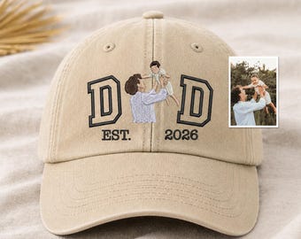 Custom Embroidered Photo Portrait Dad Hat, Personalised EST Year Cap, Daddy Sketch Vintage Baseball Hat, Father Day Gift Family Portrait Cap