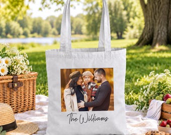 Custom Photo Tote Bag, Personalized Family Photo Canvas Bag, Picture Tote with Name, Christmas Gift Tote, Grandma Mom Keepsake Gift for Her