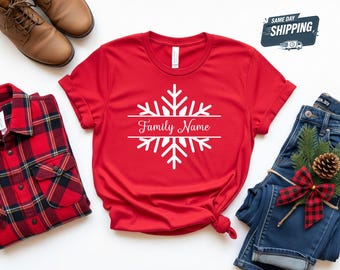 Personalised Family Name Christmas Shirt, Custom Snowflake Matching Family Tee, Christmas Family Group Top, Holiday Gift, Custom Name Xmas T