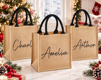 Personalized Jute Tote Bag, Custom Name Burlap Gift Bag, Christmas Gift Bag with Name, Bridesmaid Teacher Beach Bag, Mini Jute Tote Bag Gift