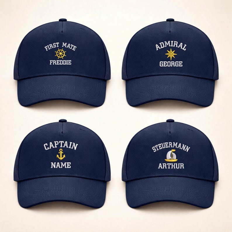 May include: Four navy blue baseball caps with nautical-themed embroidery. Each cap features a different title: "First Mate," "Admiral," "Captain," and "Steuermann," along with a name. The embroidery is in white and gold.