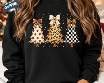 Leopard Christmas Tree Sweatshirt, Coquette Bow Christmas Sweater, Checkered Gingham Polka Dot Trees Crewneck, Trendy Xmas Gift Sweatshirts