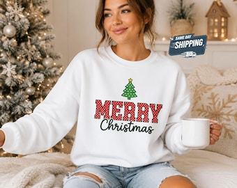 Merry Christmas Sweatshirt, Varsity Polka Dot Christmas Tree Sweater, Retro Red Green Holiday Crewneck Tops, Cute Xmas Tree Gift Sweatshirt