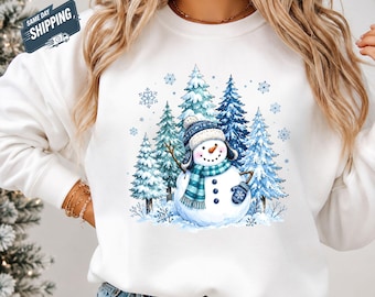Cute Snowman Winter Sweatshirt, Watercolor Snowy Forest Crewneck Jumper, Blue Christmas Snowman Sweater, Women Winter Gift, Cozy Holiday Top