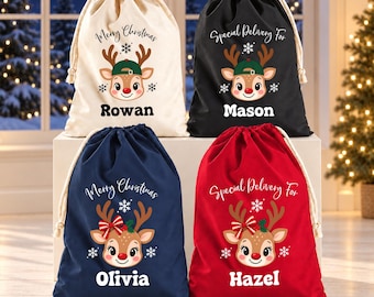 Gepersonaliseerde rendierzak met naam, schattige rendier kerstcadeautas, kerstcadeautas voor kinderen, tas met naam voor jongens of meisjes, tas als aandenken voor het gezin