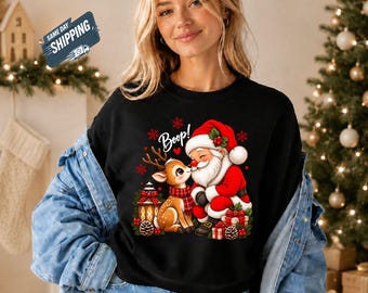 Cute Santa Reindeer Sweatshirt, Boop Christmas Crewneck, Santa and Reindeer Xmas Sweater, Cute Christmas Gift, Red Nosed Reindeer Pullover