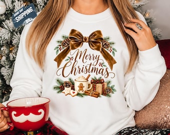 Merry Christmas Sweatshirt, Brown Velvet Coquette Bow Christmas Sweater, Gingerbread Hot Cocoa Crewneck, Cozy Christmas Holiday Gift Sweater