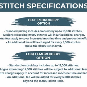 May include: A teal graphic with the words "STITCH SPECIFICATIONS" at the top. Below are two sections: "TEXT EMBROIDERY OPTION" and "LOGO EMBROIDERY OPTION", each with details about stitch counts and additional fees for embroidery services.