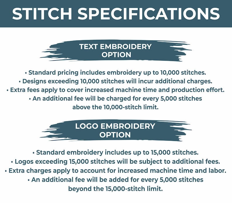 May include: A teal graphic with the words "STITCH SPECIFICATIONS" at the top. Below are two sections: "TEXT EMBROIDERY OPTION" and "LOGO EMBROIDERY OPTION", each with details about stitch counts and additional fees for embroidery services.
